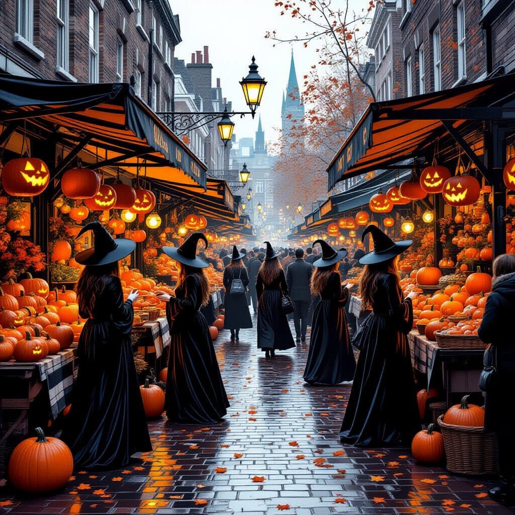 Whimsical Autumn London Market with Witches Selling Pumpkins