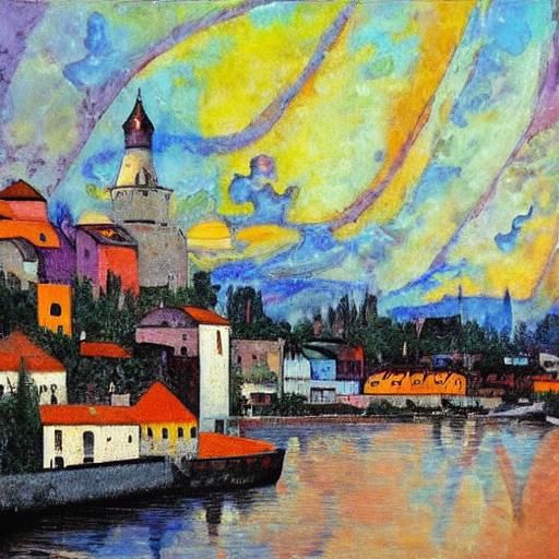 Watercolor LYON FOURVIERE FRANCE Street by the RIVER  SAONE. Drawing with dried acrylic paint on rough canvas. Clumps of...