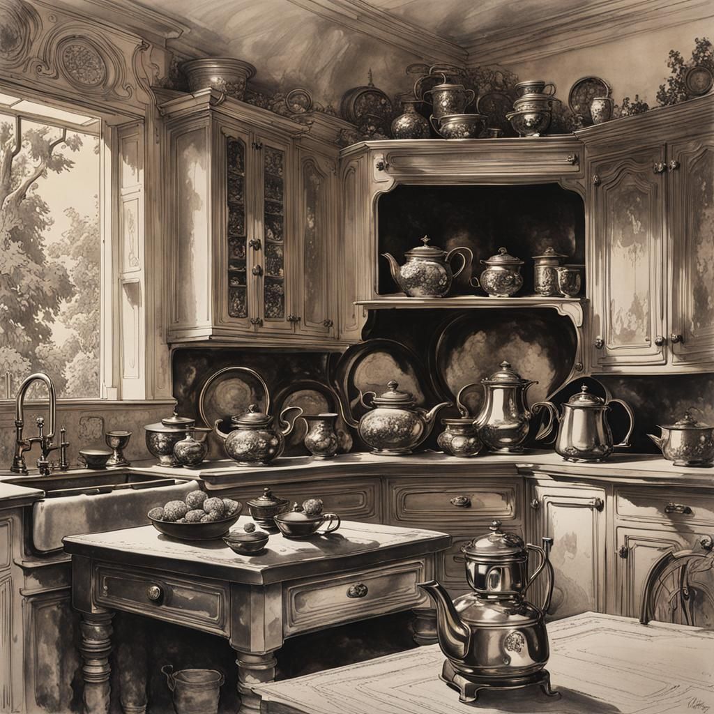 Bronze Kettle: Monochromatic Kitchen Masterpiece in Ink Wash...