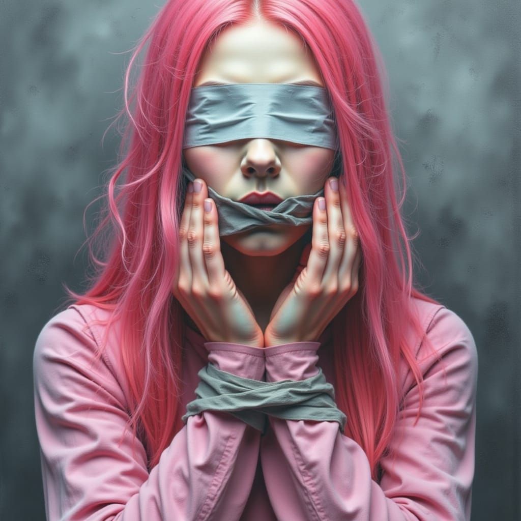 Silenced Woman with Pink Hair, Blindfolded and Bound