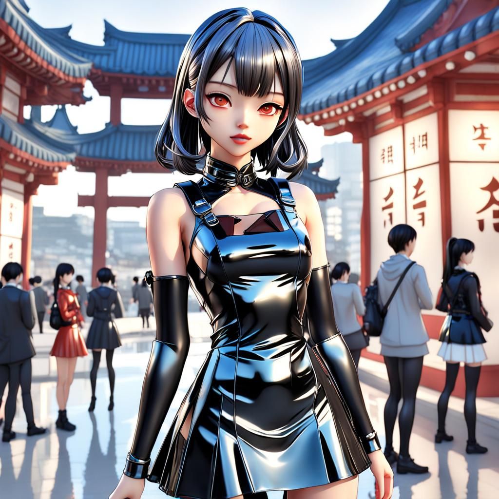 Anime Style Korean Ladies in Latex Mini Dresses