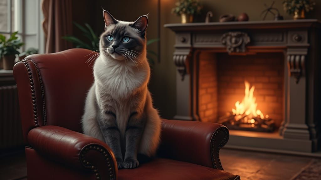 Majestic Siamese Cat by Fireplace in Matte Painting Style