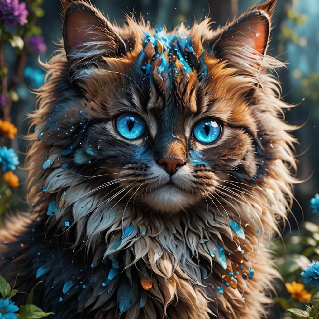 Fluffy Blue-Eyed Cat: Detailed Matte Painting