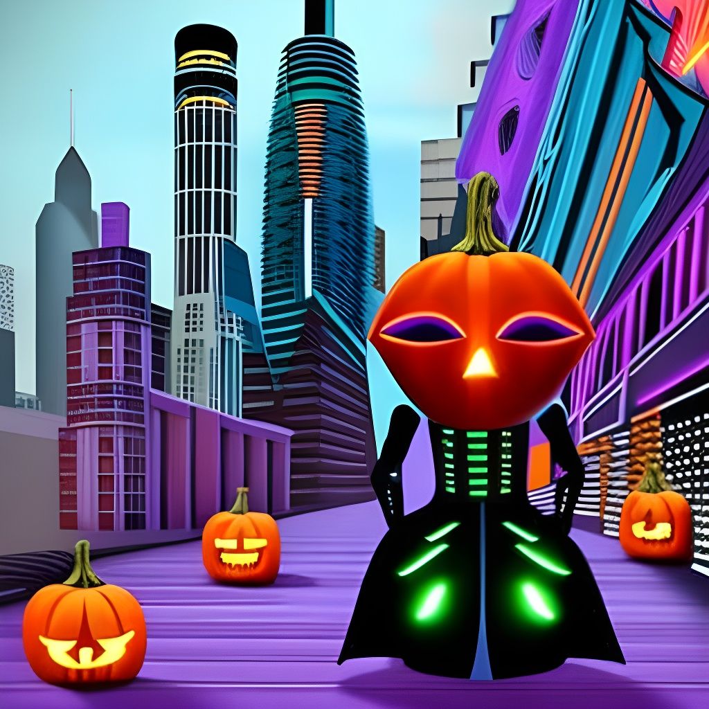 Futuristic Robot in Pumpkin Costume, Pop Art Style