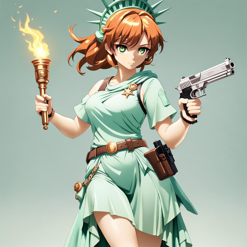 Anime Lady Liberty with Torch and Handgun