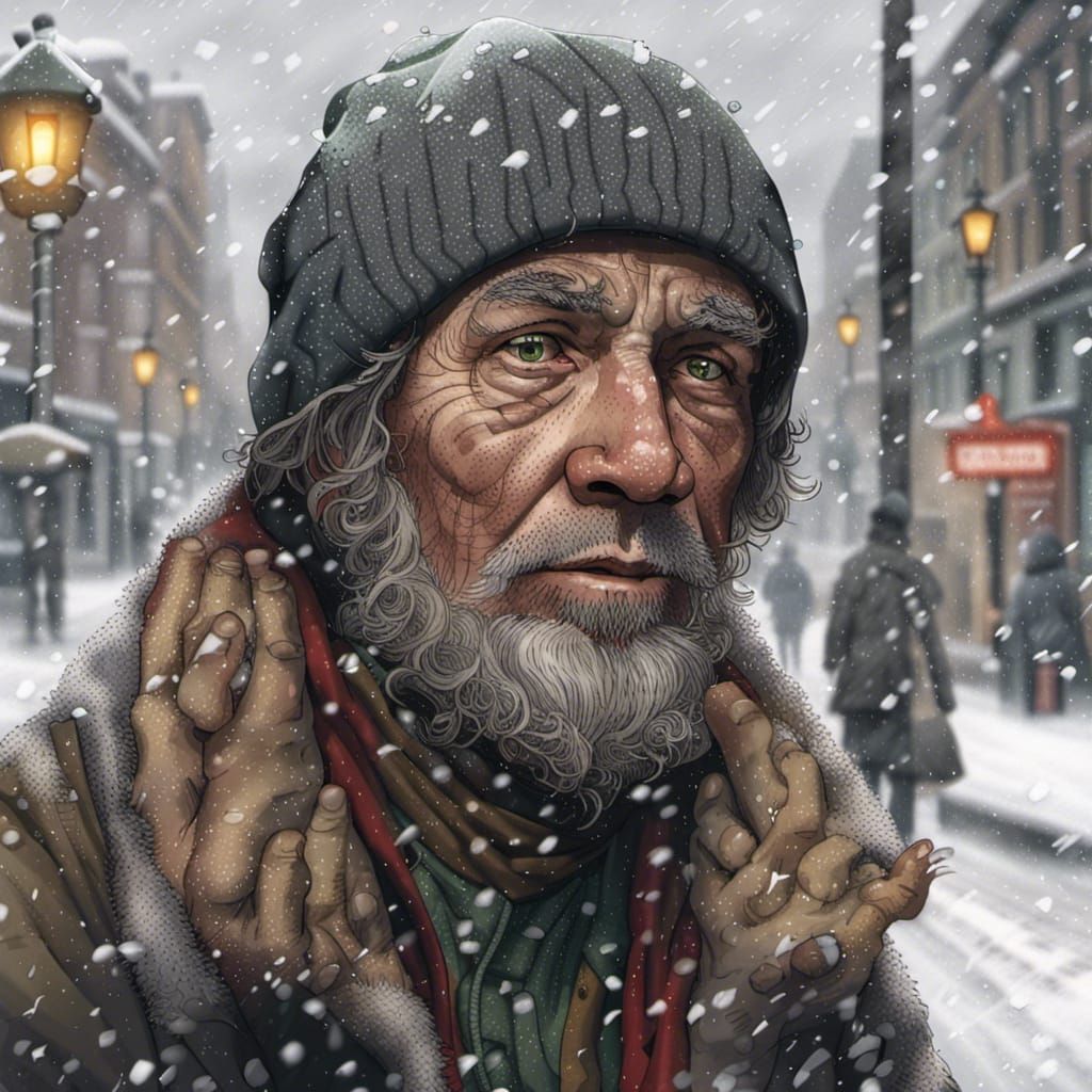 Homeless Man in Snow, Christmas Scene