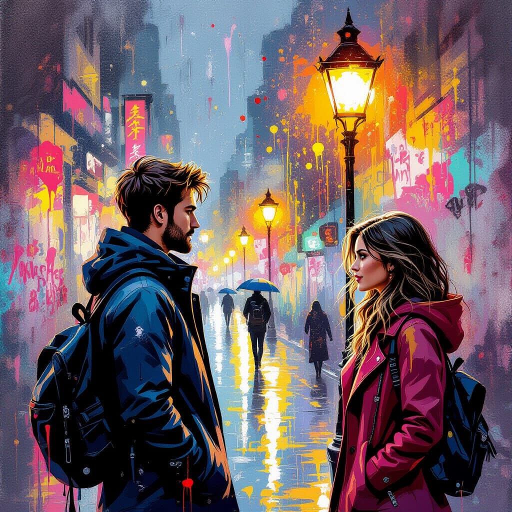 Streetlamp Reunion in Vibrant Graffiti Art Style