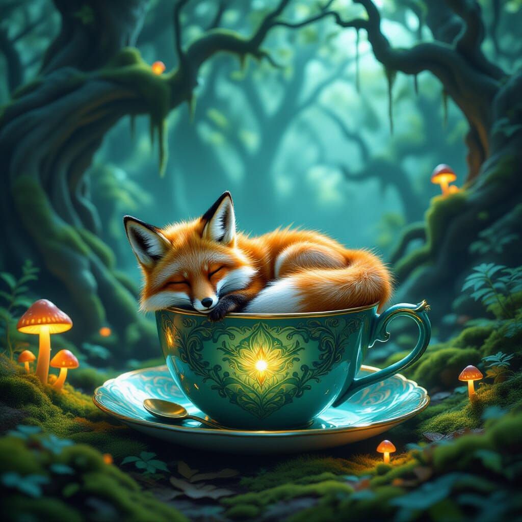 Bioluminescent Fox Dragon Rests in Enchanted Teacup