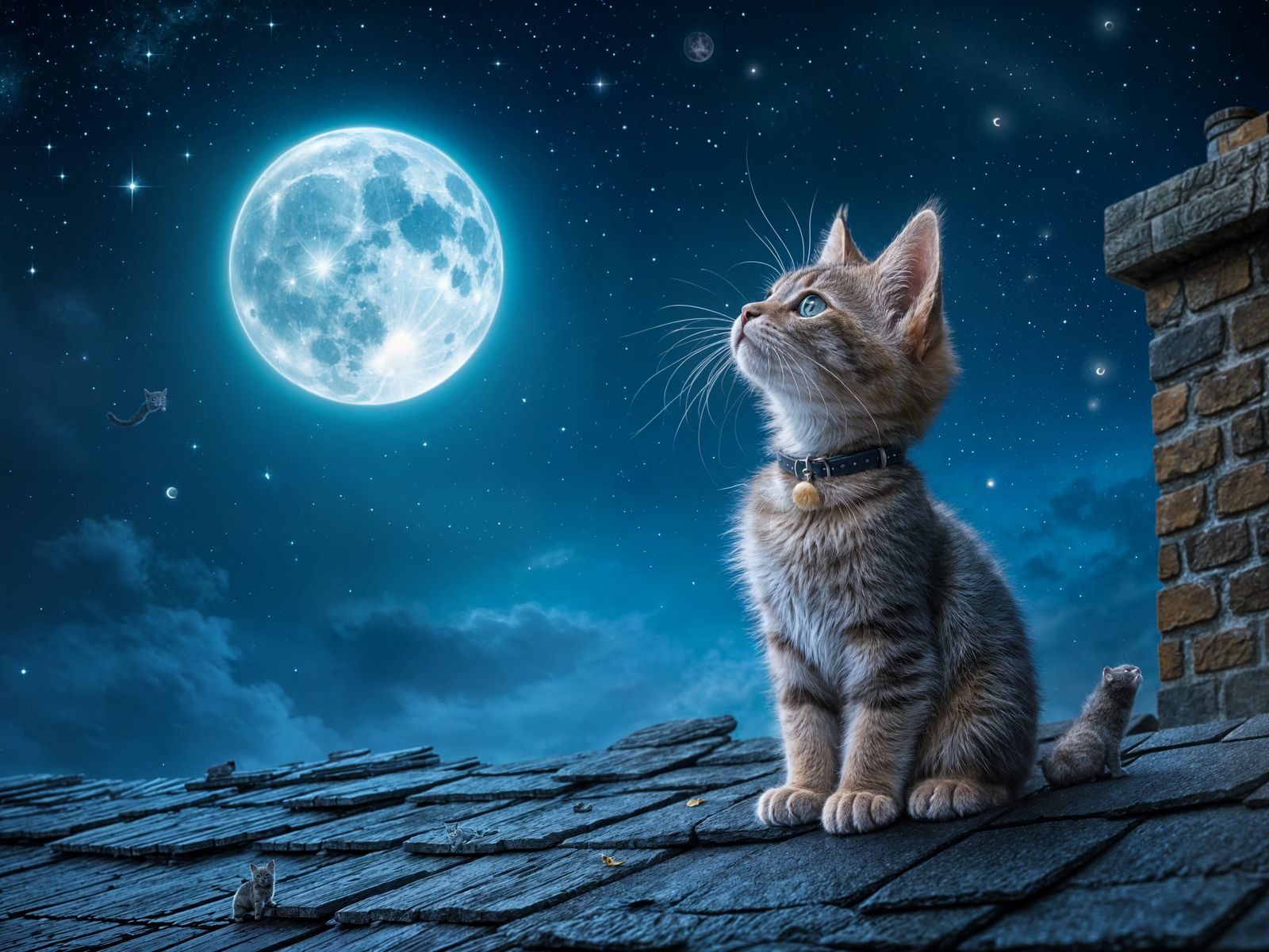 Moonlit Kitten Contemplates the Night Sky