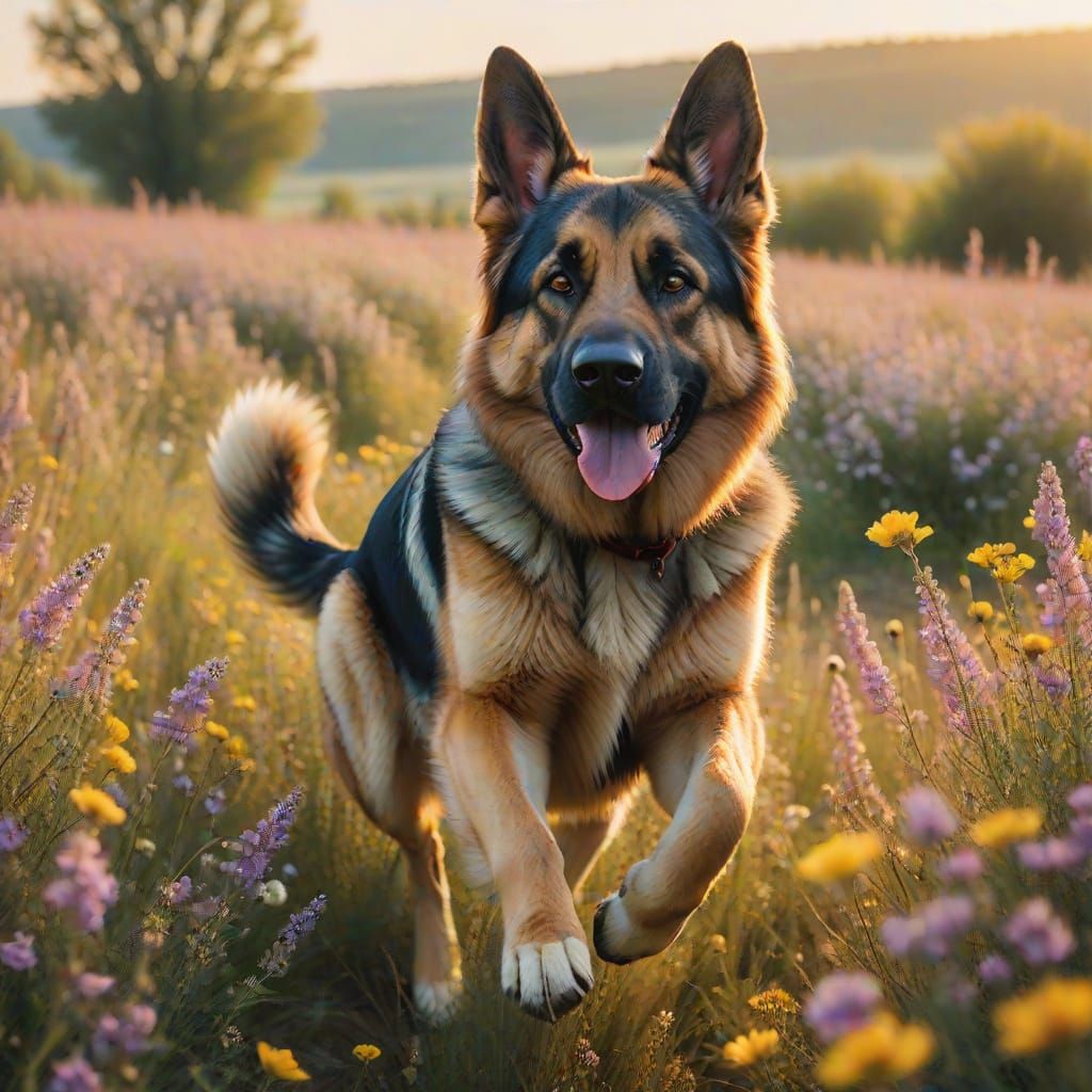 Serene German Shepherd Leaps Through Vibrant Wildflowers in ...