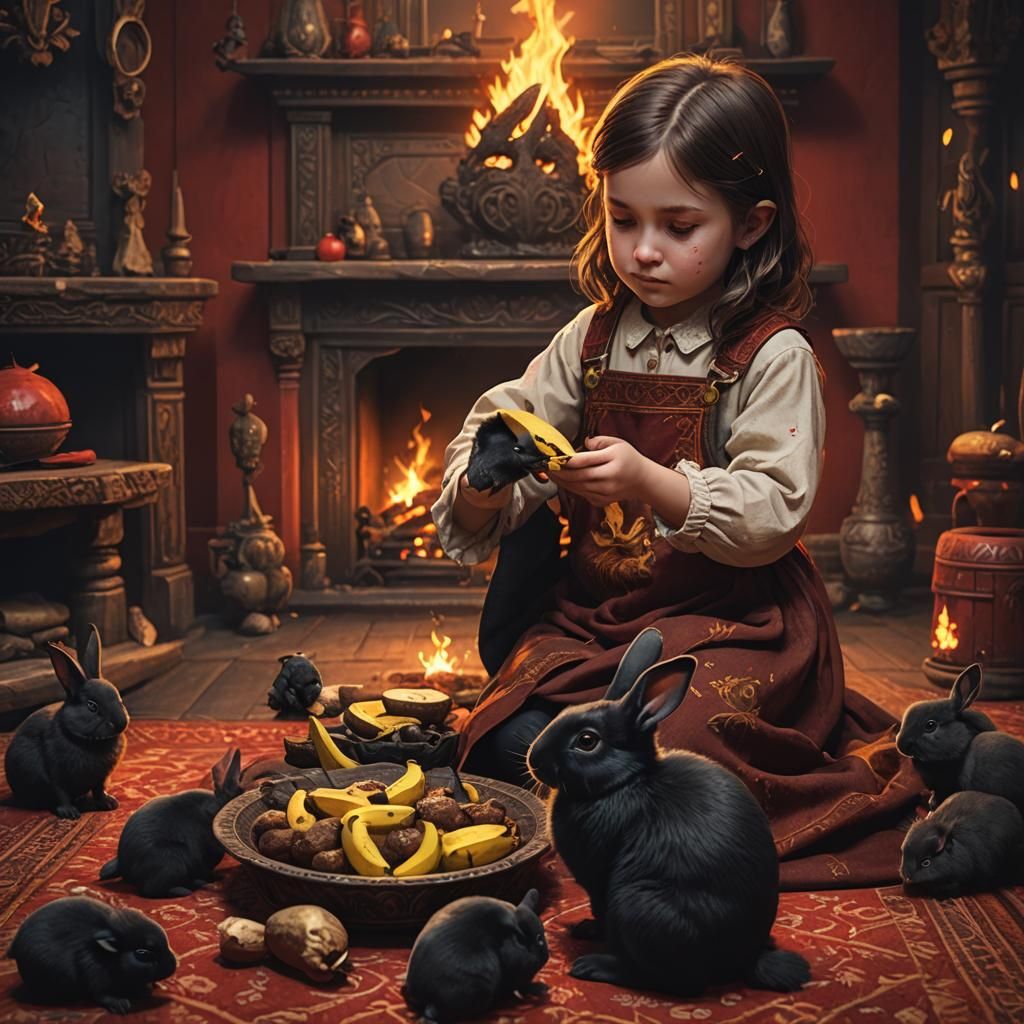 Girl Feeds Rabbit by Fire: Detailed Matte Painting