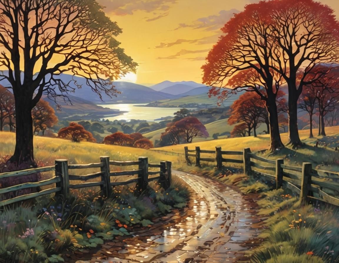 Scottish Autumn Landscape in Tiffany Style