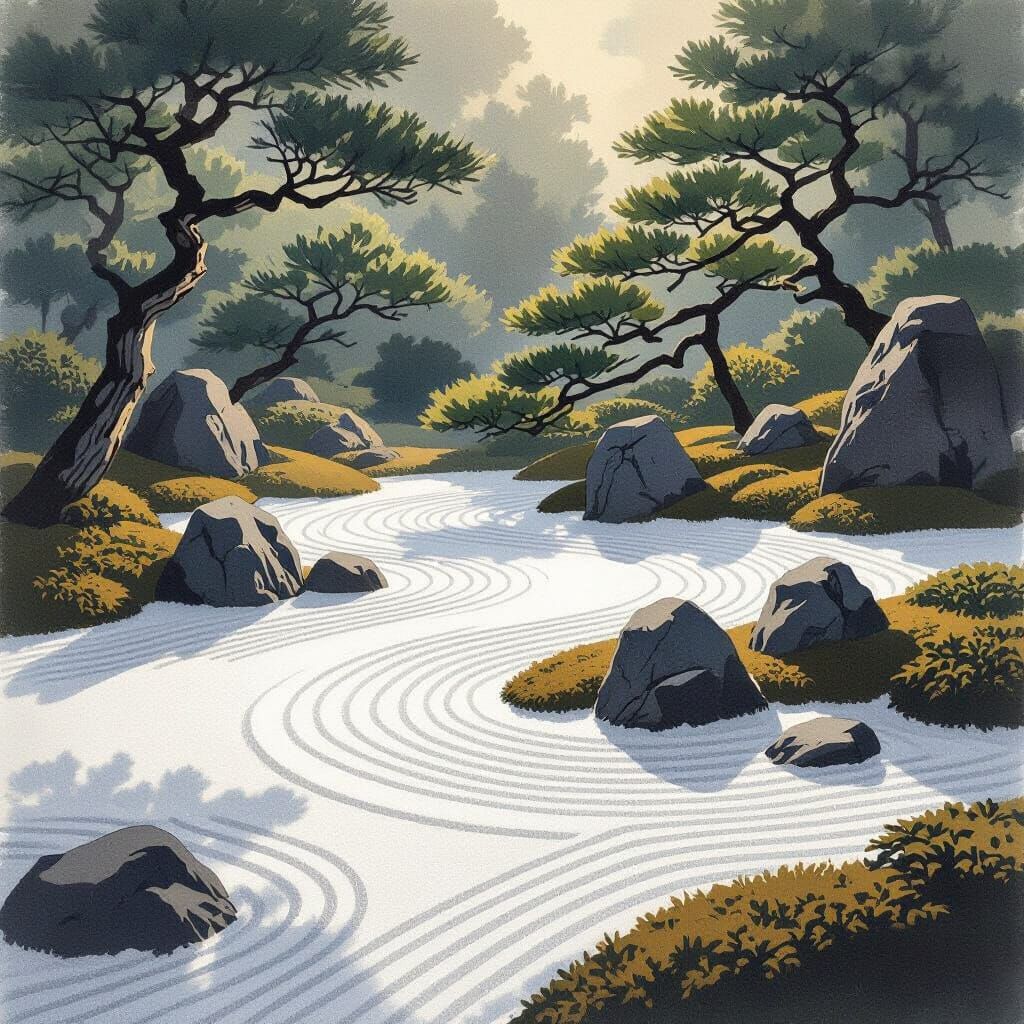 Zen Garden in Sunlight and Shadow, Ink Wash Style