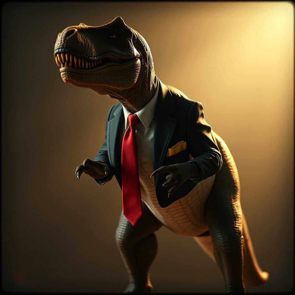 Dramatic T-Rex in Formal Attire, Cinematic Lighting