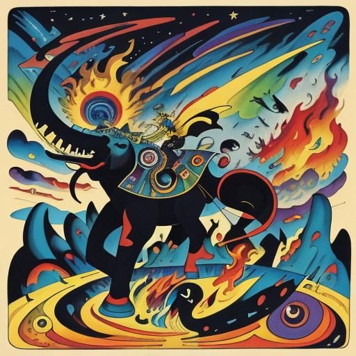 Surreal Fire Elephants in Sci-Fi Art Deco Style