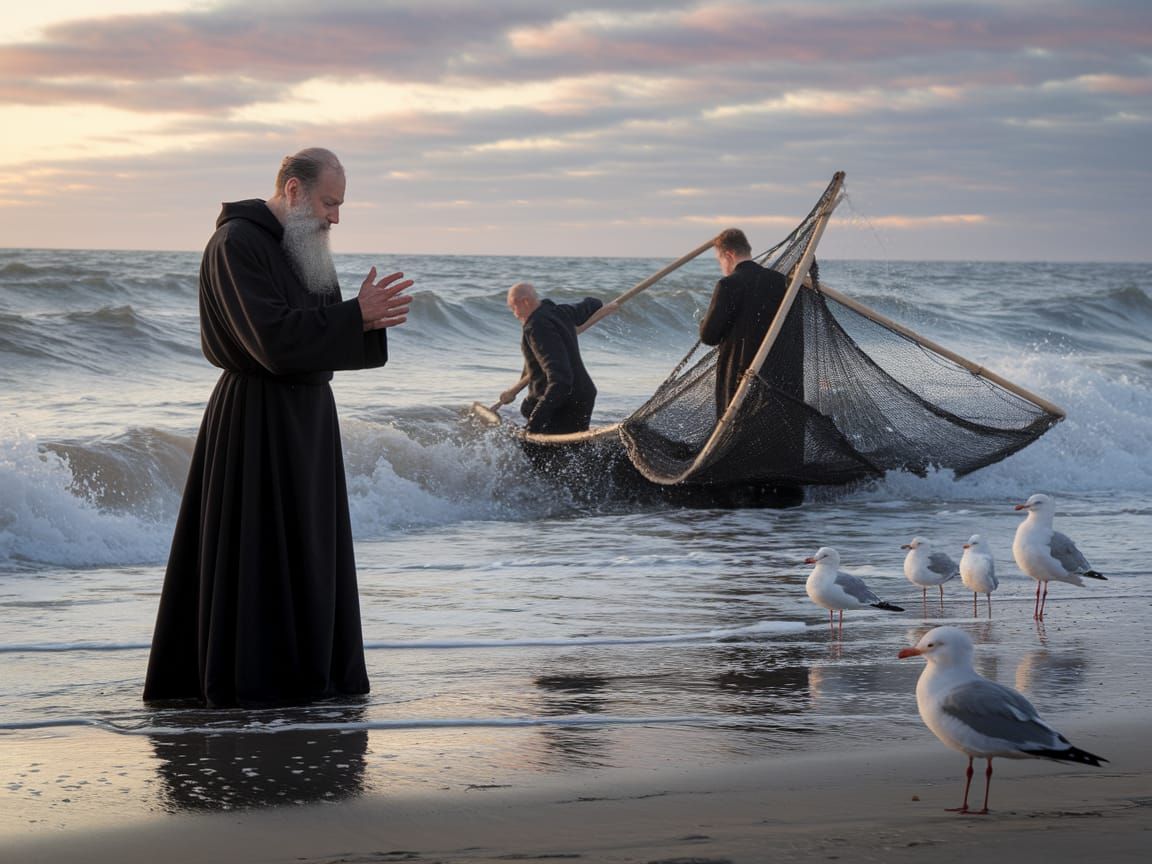 Medieval Monk Calms Waves on Iona Shore in 998 AD