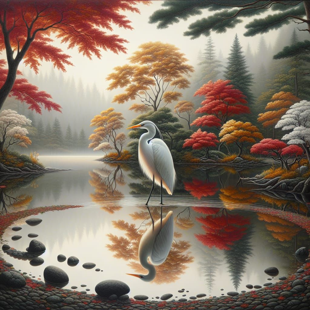 White Heron in Autumn Lake: Impressionistic Dreamscape