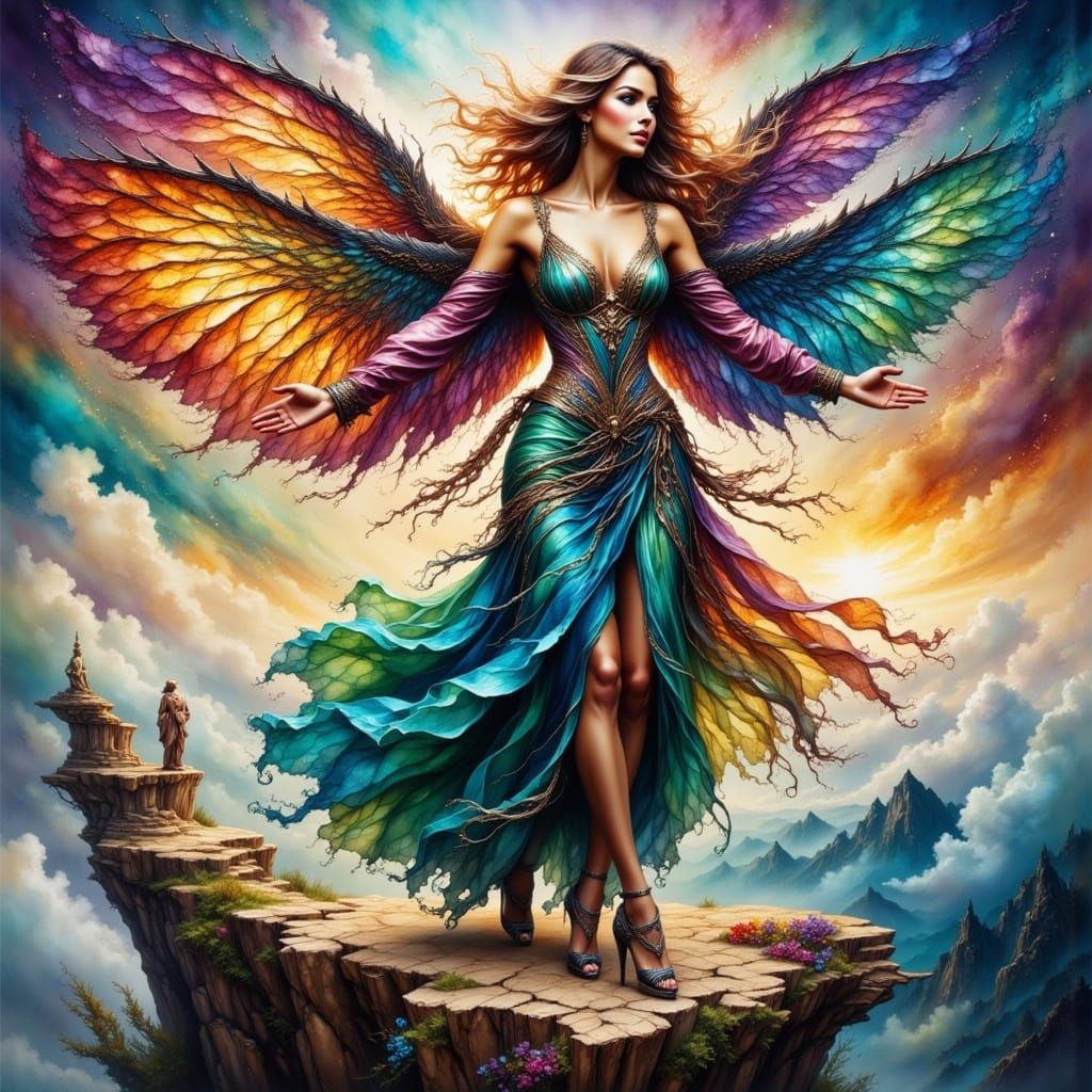 Woman on Cliffside Ready to Fly