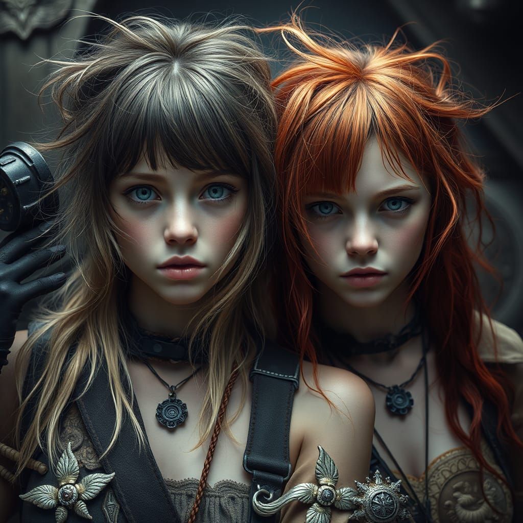 Hyperrealistic Portrait of Gothic Twin Adventurers