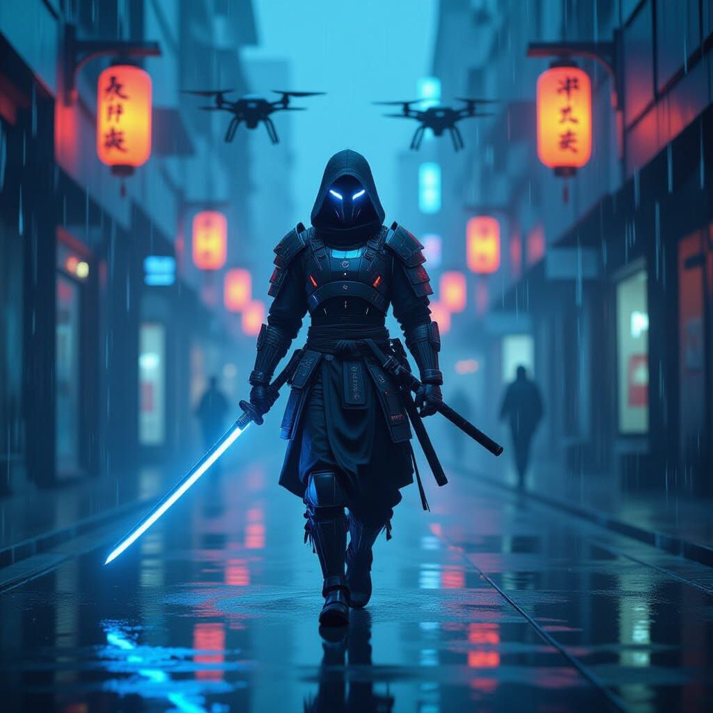 Neon Cyber-Samurai in Mirror City