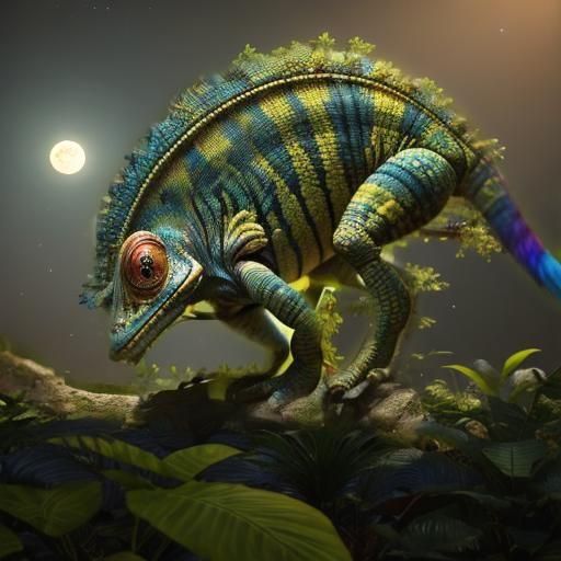 an alien chameleon-like animal, semi-blending with the alien environment on another planet.
