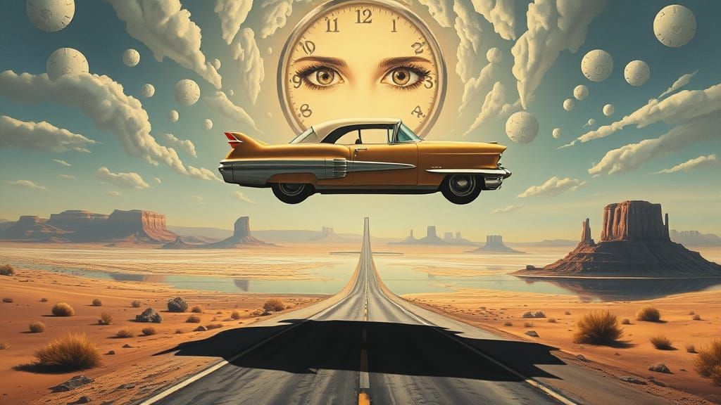 Surreal Cadillac Eldorado in Dreamlike Landscape