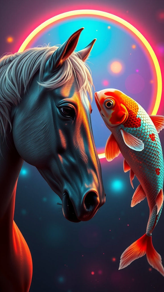 Horse and Koi Fish Standoff in Splash Art Style