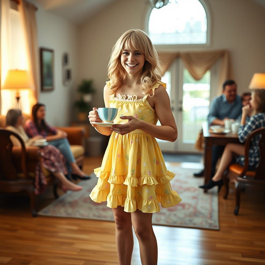 Charming Young Man in Vibrant Easter Minidress, Serving Tea....