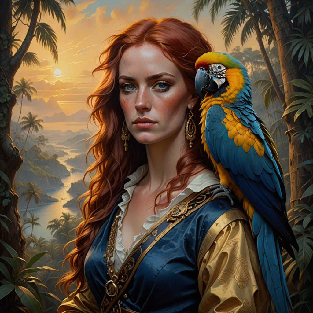 Beautiful Irish pirate queen, long red hair, freckles lightly on her cheeks, black eye patch, blue and gold macaw on her...