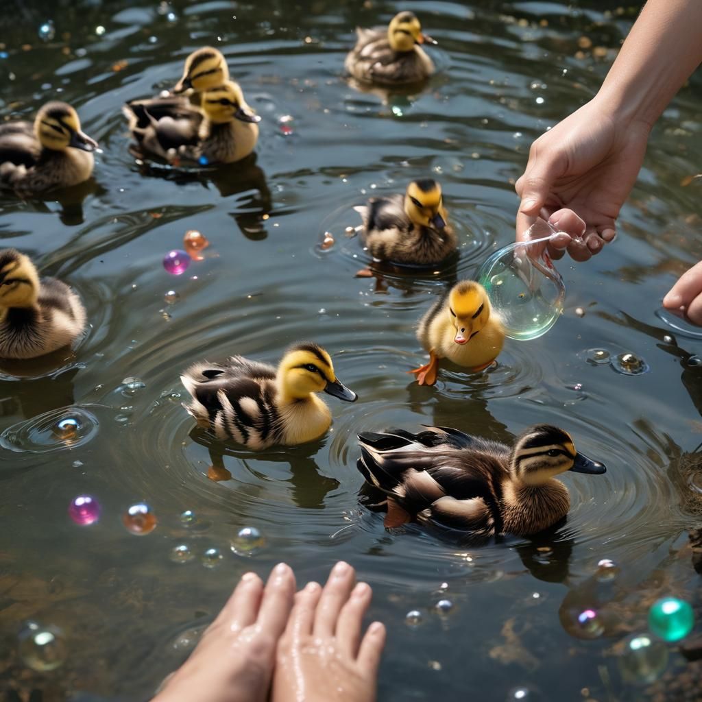 (Beautiful person washing gross black oil spilled adorable baby ducks using bubbly Dawn soap bubbles:1.5)