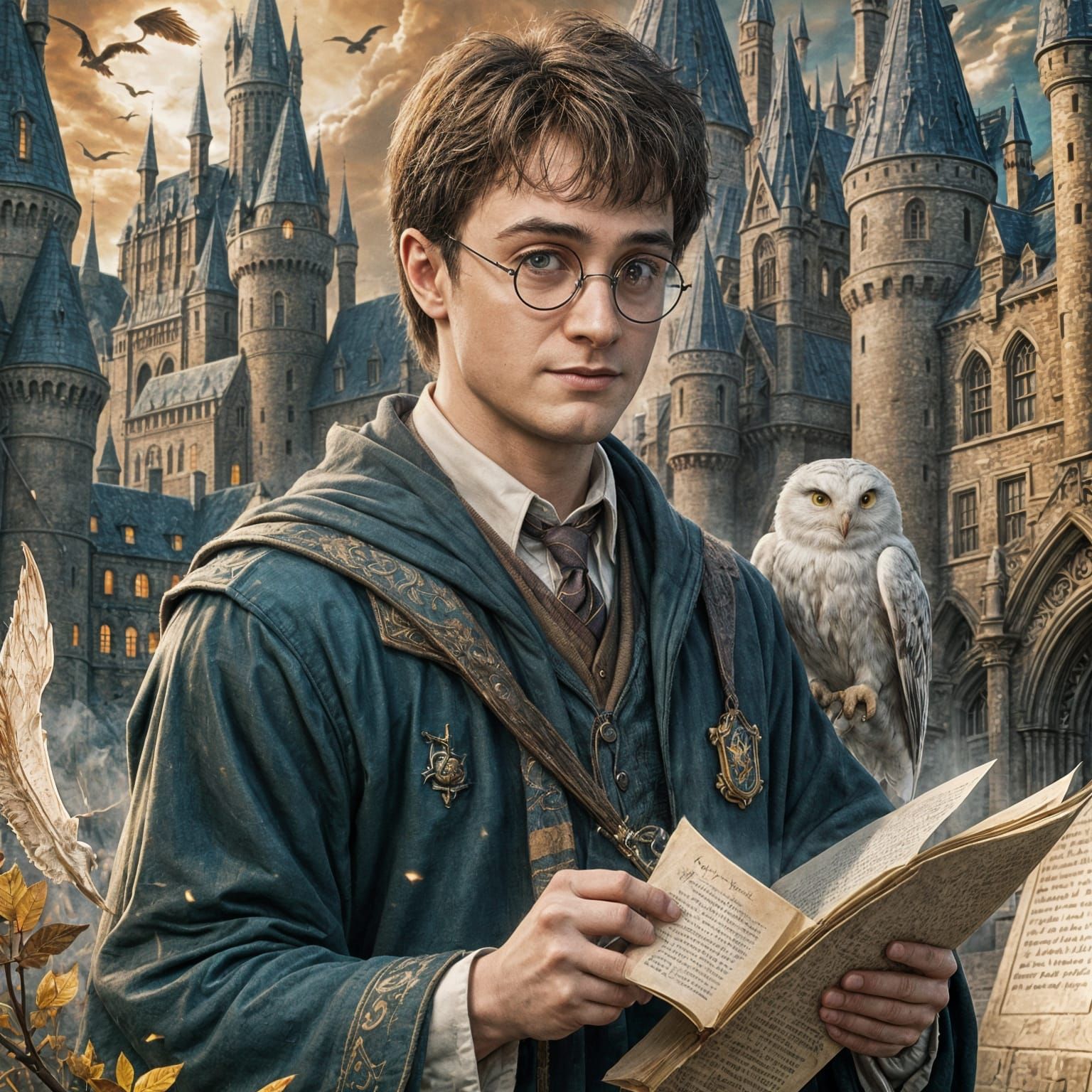 Harry Potter and Hedwig at Hogwarts
