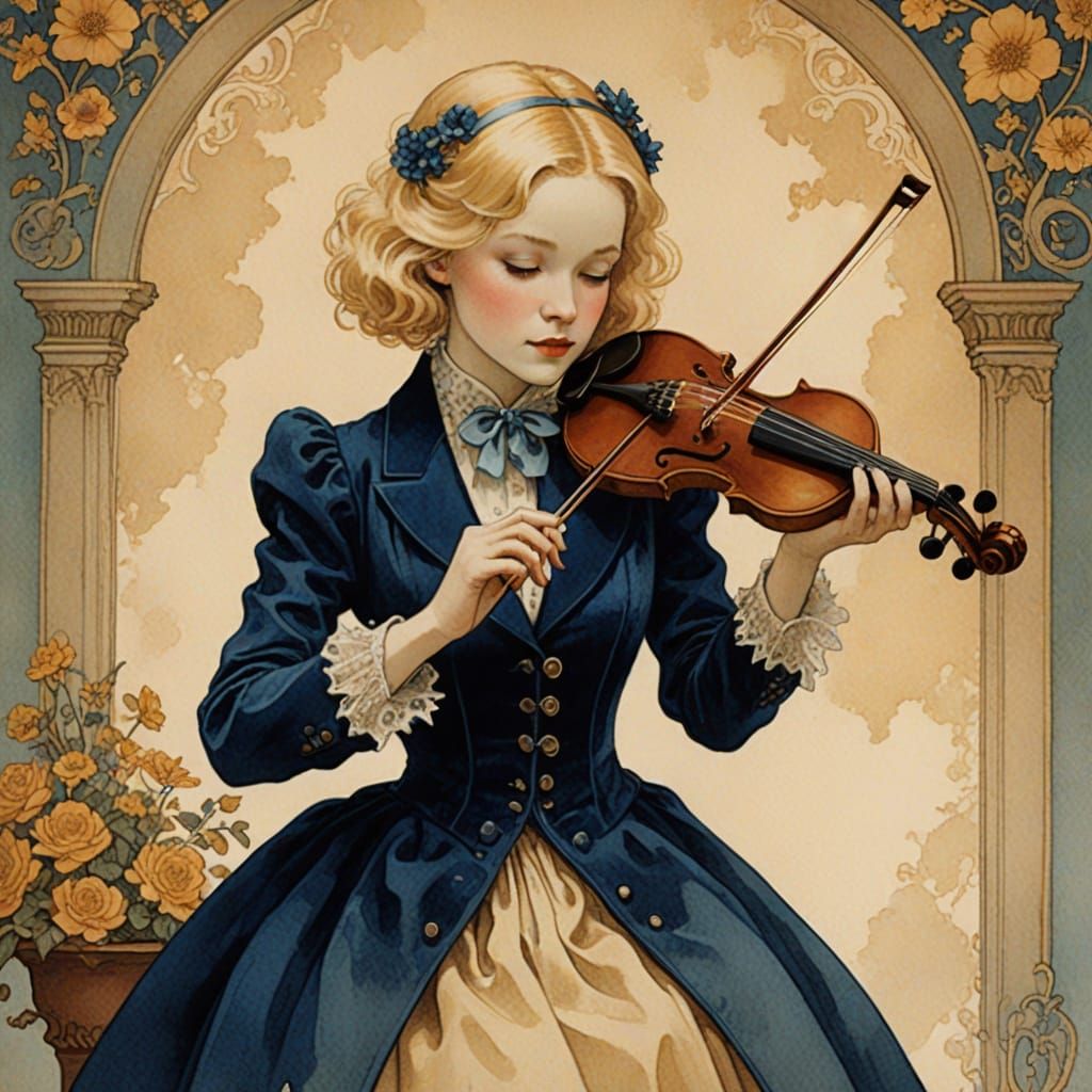 Regal Woman with Miniature Violin in Watercolor Style