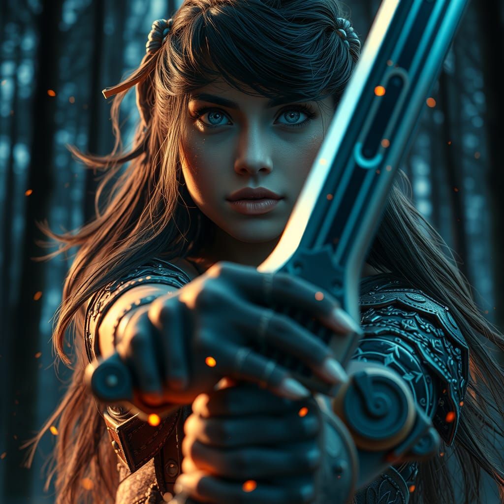 Warrior Goddess with Blade in Night Forest