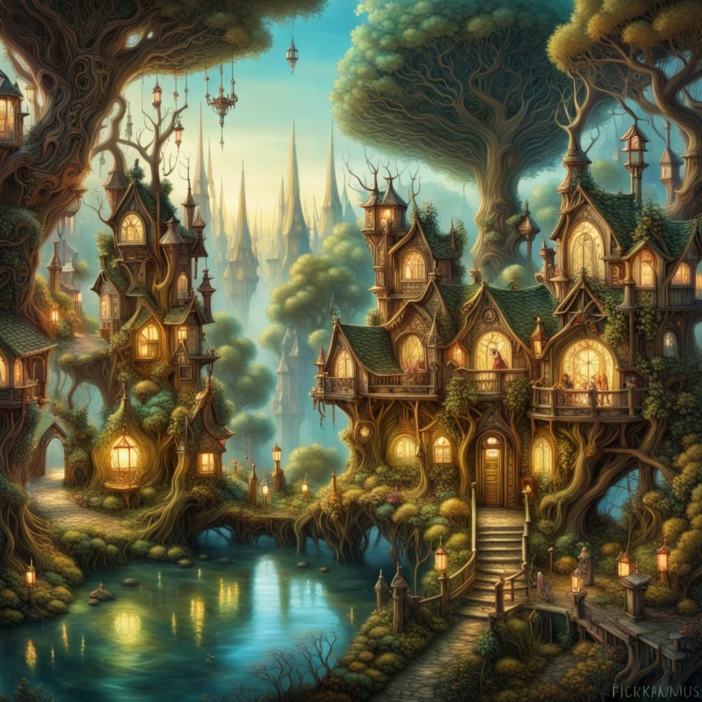 Whimsical, fairycore treehouse village.