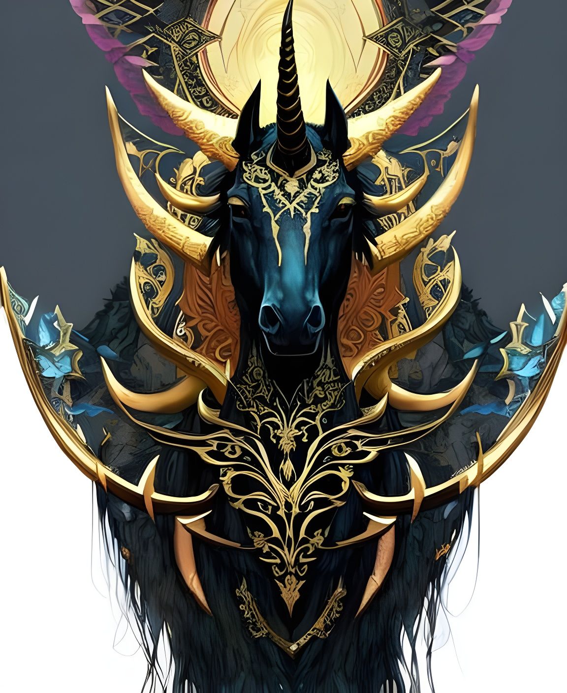 Golden Horned Unicorn Beast Digital Painting