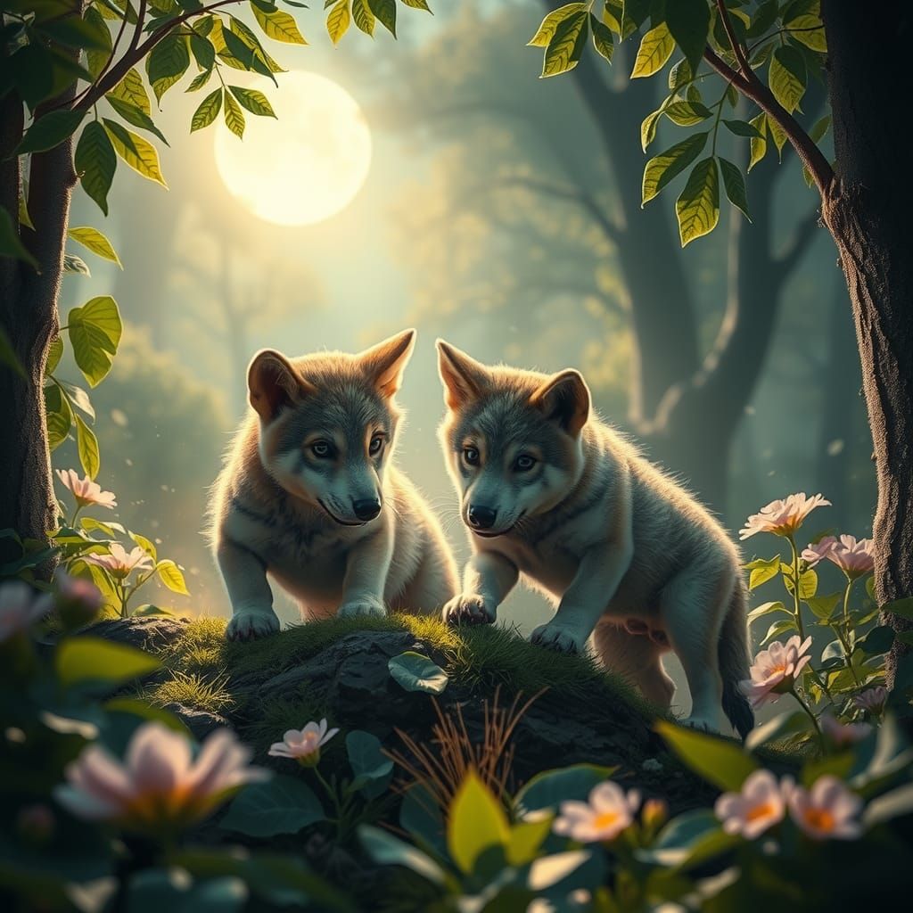 Wolf Pups Playing in Enchanted Forest