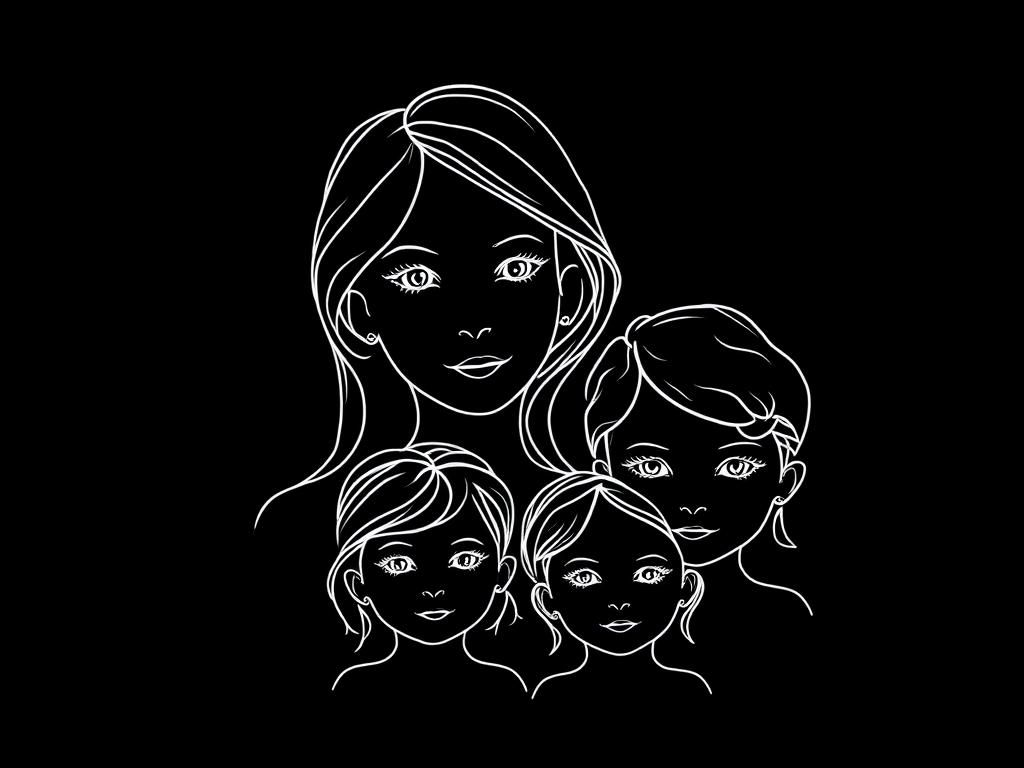 Minimalist Line Portrait of Mother and Children