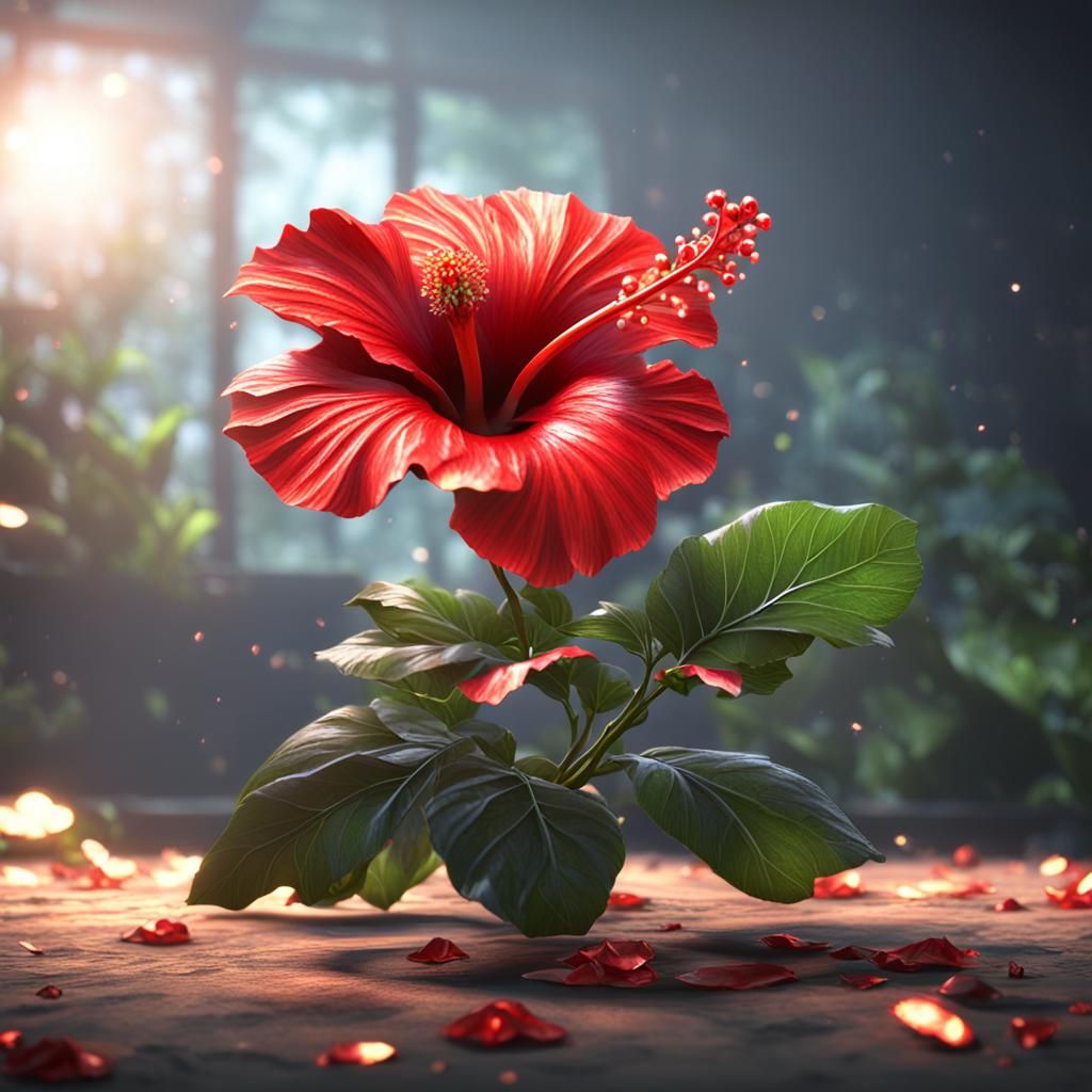 Shining Red Hibiscus Flower in 3D Game Cinematic Style