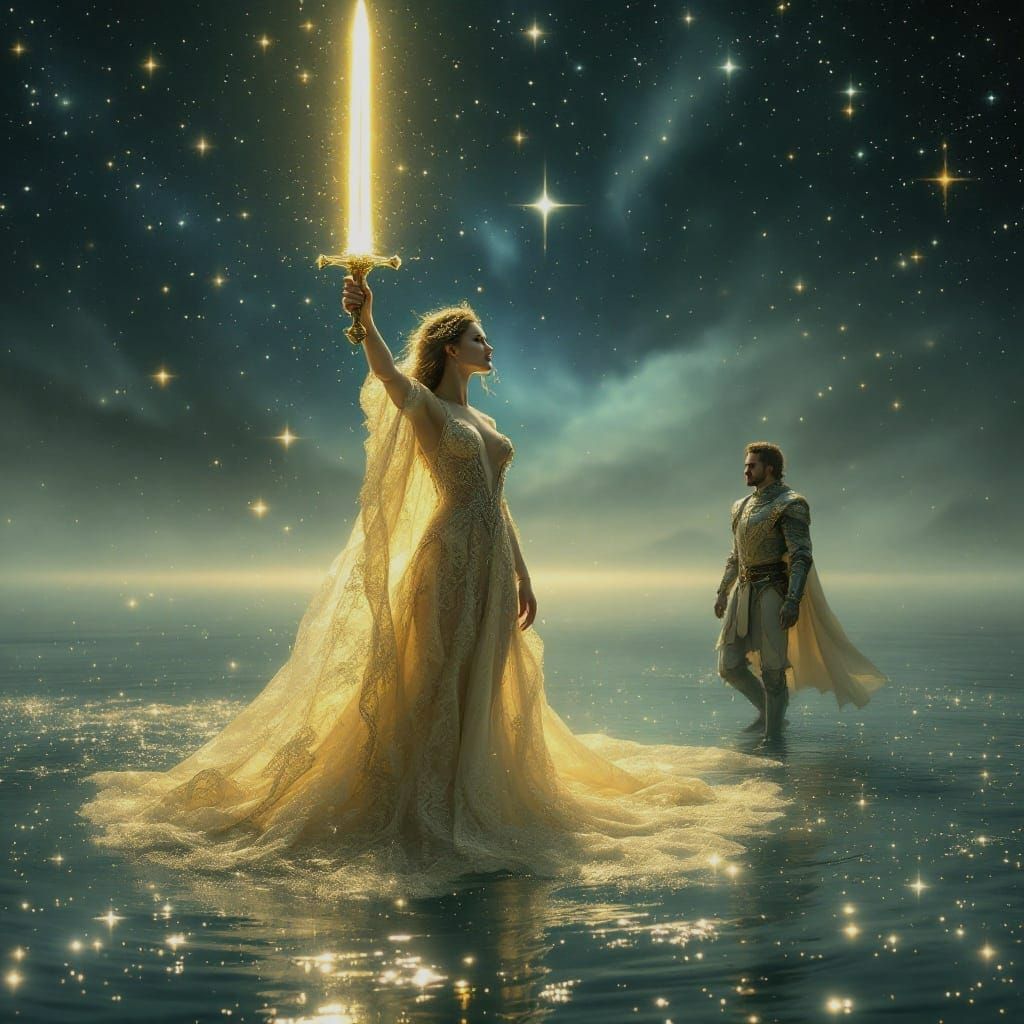 Luminous Lady of the Lake with Excalibur in Cosmic Elegance