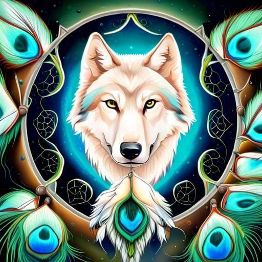 Dreamcatcher with White Wolf and Peacock Feathers
