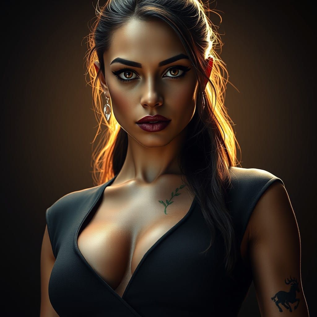 Strong and Ambitious Woman in Dark, Structured Outfit