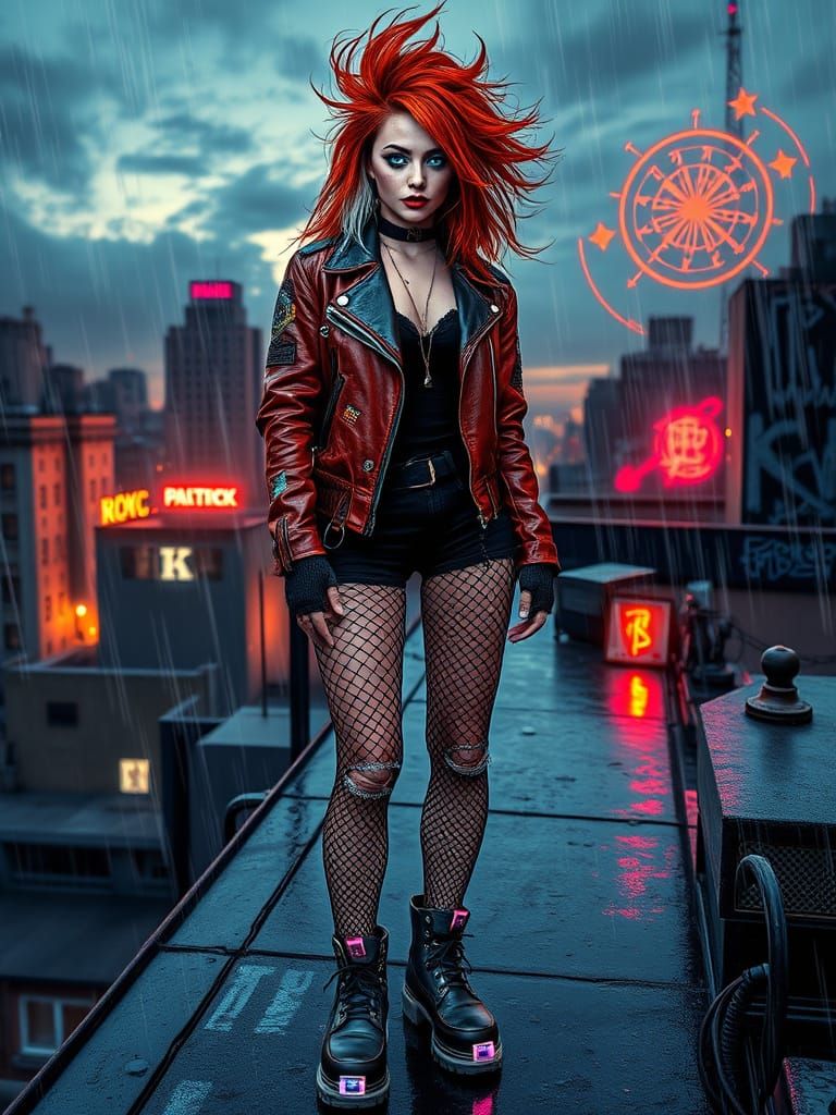 Punk-Futuristic Woman on Rainy Rooftop at Dusk