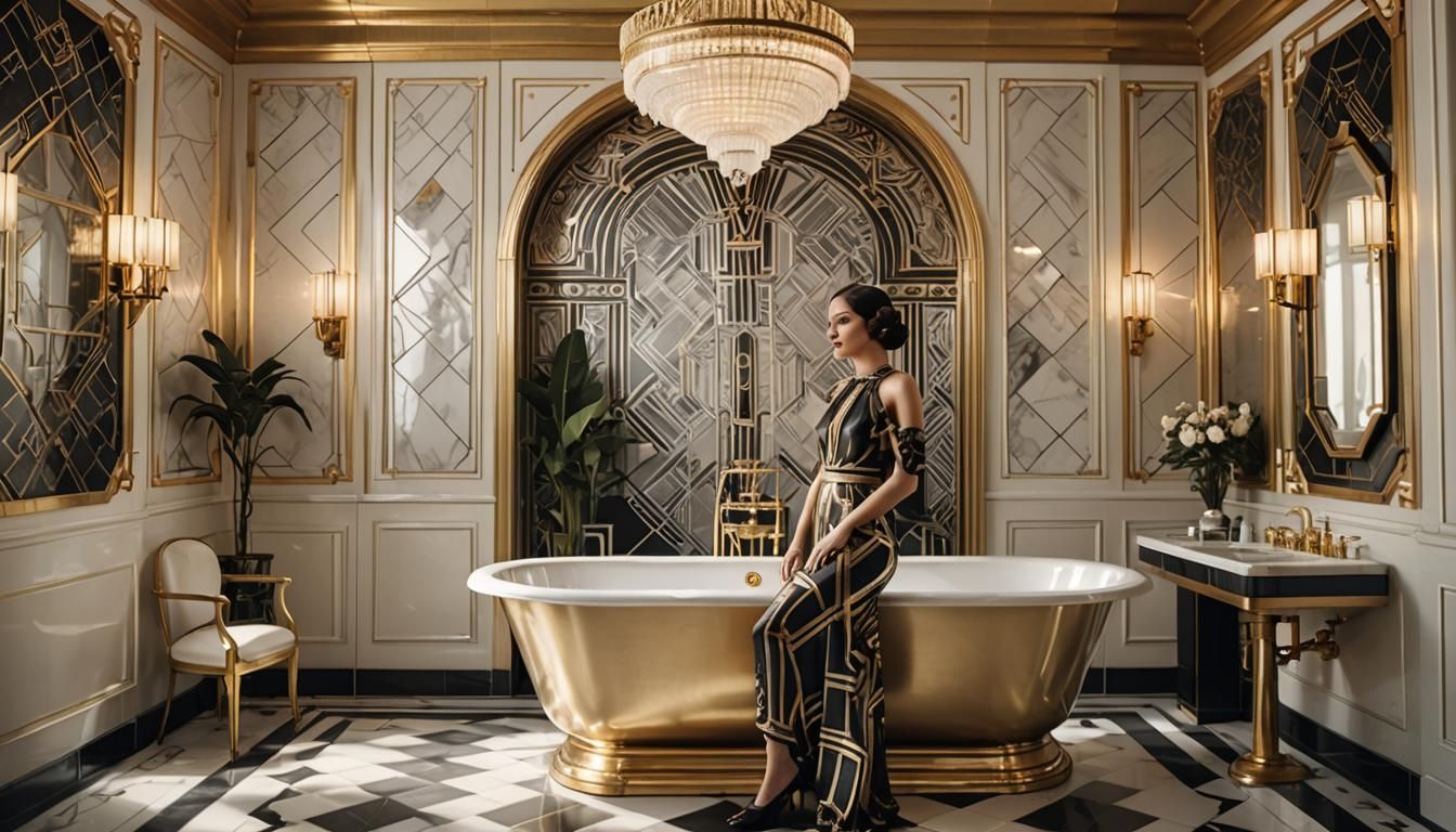 Art Deco Bathroom with Metallic Tub and Gold Fixtures