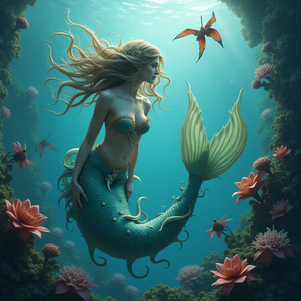 Beautiful Mermaid Underwater in Detailed Matte Painting