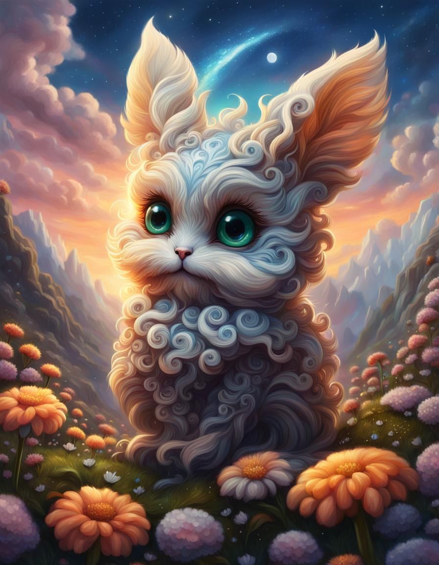 Cute Fluffy Creature Portrait on Flower Hill