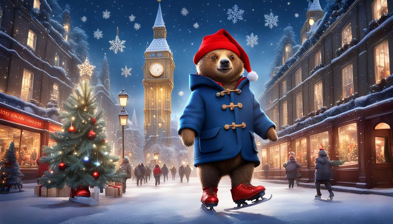Paddington Bear Ice-Skating in London at Christmas