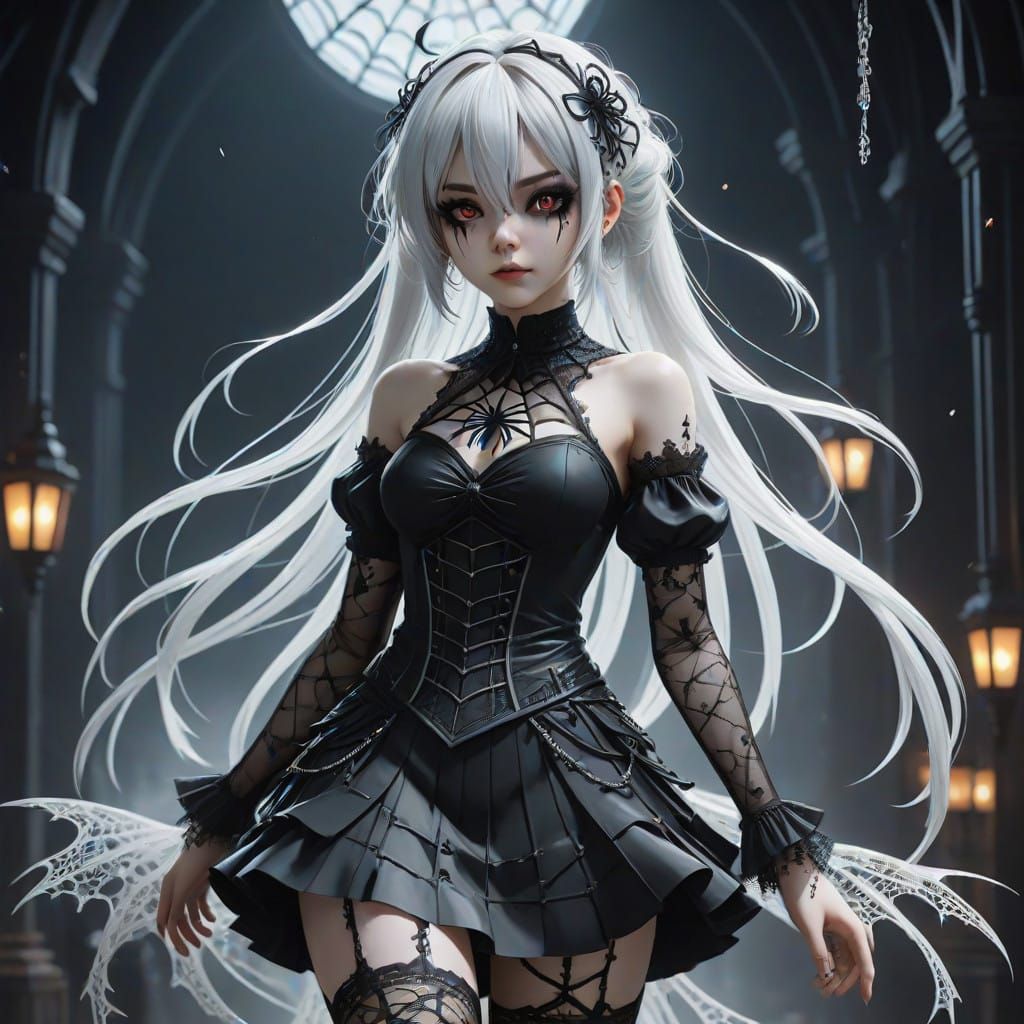 Haunting Anime Girl in Creepy Goth Attire with Spiderweb Hai...