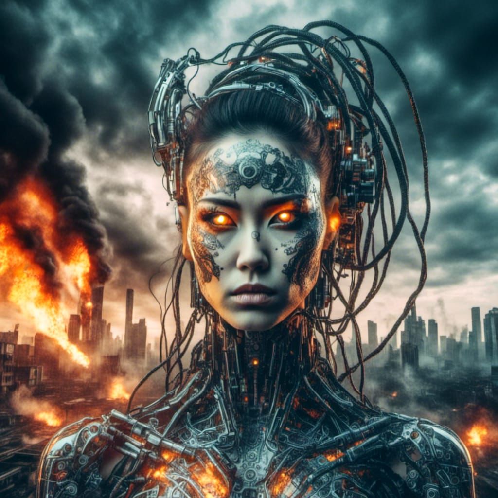 Cyborg Android Gazing at Burning Future in Cyberpunk Style
