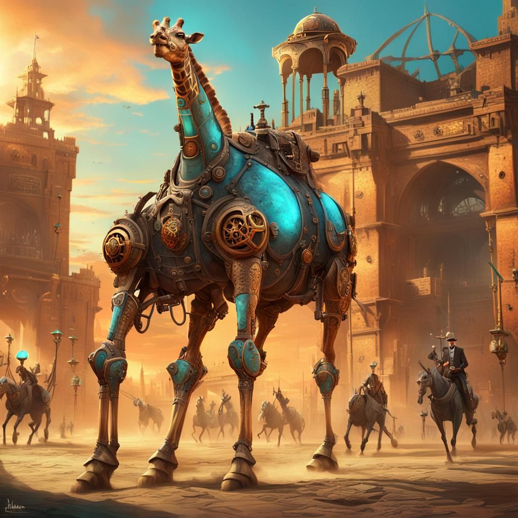 Surreal Steampunk Cyborg Giraffe Charges Through Ancient Cit...