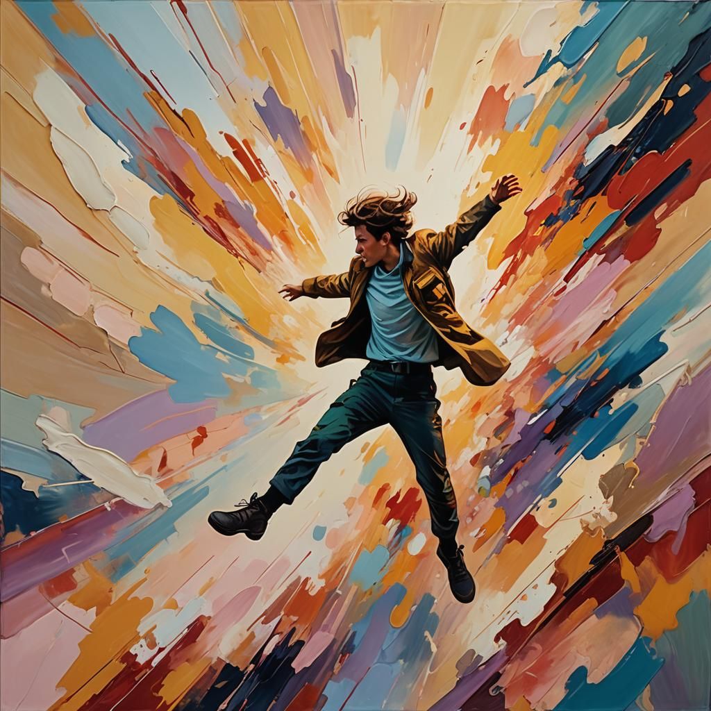 Person Jumps from Airplane in Vibrant Oil Painting